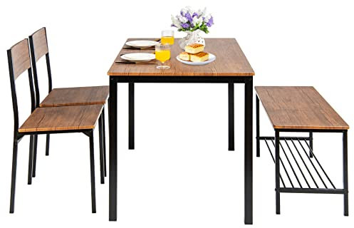 COSTWAY Esstisch Set 4-teilig, Küchentisch mit 2 Stühlen & 1 Bank & Regal, Essgruppe Sitzgruppe Industrie, Esszimmertisch Metallrahmen, Bartisch Set für Küche & Esszimmer (Braun)