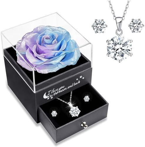 Sunia Regalo Dia de la Madre,Rosa Eterna con Collar y Pendientes de Plata de Ley 925,Rosa Real Preservada para Mama Abuela Novia,Regalo Cumpleaños Mujer,Regalo del Dia de la Madre San Valentin Navidad