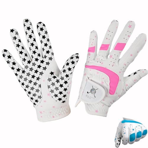 yesntmomo Kinder-Golfhandschuhe für Jugendliche, Kleinkinder, Jungen, Mädchen, linke und rechte Hand (1 Paar), rosa und blau, elastischer Stoff, atmungsaktiv, Junior-Golfhandschuhe, schwarze Sterne,