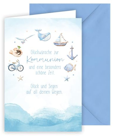 KE - Traumhafte Glückwunschkarte zur Kommunion für Jungen und Mädchen, inkl. Umschlag, DIN B6 Format, Kommunionskarte, Motiv ist erhaben, Motiv: Fische, Boot, Anker, Fahrrad