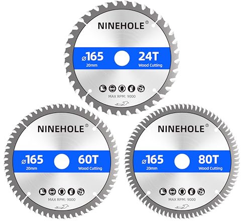 3 Lames de scie circulaire 165 x 20 mm (anneau 16 mm), 24/60/80 dents Coupes propres, Disque à Tronçonner pour Bois, Sèche, Stratifié, Cloison, Contreplaqué, Plastique