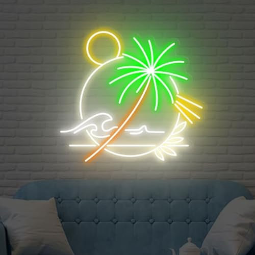 HFHungkeong Große Palme Leuchtreklame LED Acryl Summer Sunrize Wave Neonlicht mit Dimmbare Schalter, Bar Neonleuchte für Bar, Geschäft, Kaffee, Hotel, Club, Party, Geschenke für Freunde, Warmweiß