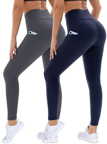 DDOBB 2er Pack Sport Leggings Damen High Waist Sportleggins Damen Lang Mit Taschen Gym Leggins Blickdicht Schwarz Sporthose Elastische Bauchweg Yogahose Fitness Laufhose(Dunkelgrau?Navy,S-M)