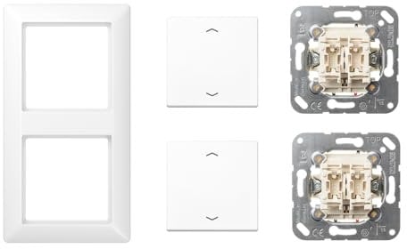 Jung Jalousieschalter Set Alpinweiß Serie A mit AS582WW Rahmen 2fach + 2x 509VU Jalousie-Wippschalter + 2x AS591-5PWW Wippe f. Jalousie-Schalter/-Taster (Duroplast)