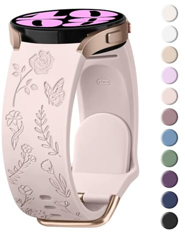 Mugust Rose Floral Bracelet Compatible avec Samsung Watch 7/4/6/5 40mm 44mm, Galaxy Watch 6/4 Classic 43mm 47mm 42mm 46mm, Watch 5 Pro 45mm, Watch 3 41mm, Bracelet en Silicone Femme(Rose)