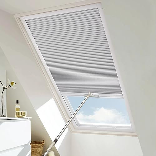 Moonice Cordless Skylight Blinds Blackout Honeycomb Roof Blinds Cellular Pleated Shades for Ceiling Easy to Install Custom Window Shades for Roof Inclined Plane Room (Grey, Custom Size)