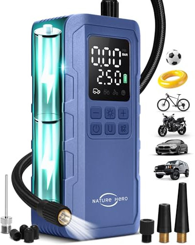 NATURE HERO - Gonfiatore portatile per auto, compressore d'aria wireless portatile da 150 PSI con manometro digitale LCD, pompa elettrica per pneumatici da moto,