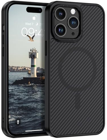DOMAVER Case for iPhone 14 Pro Max,Magnetic [Compatible with Mag Safe] Carbon Fiber Metal Lens Frame+Buttons Support Wireless Charging Men Women Slim Shockproof Protective Phone Cover 6.7 Inch,Black