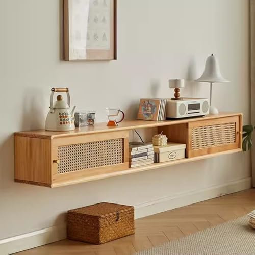 Meuble TV Flottant Meuble TV Mural 120/150/180cm Meuble TV Suspendu en Bois Massif Et Rotin Tressé Console De Divertissement Moderne for Le Salon Et Le Bureau(Wood,180 * 25 * 25cm)