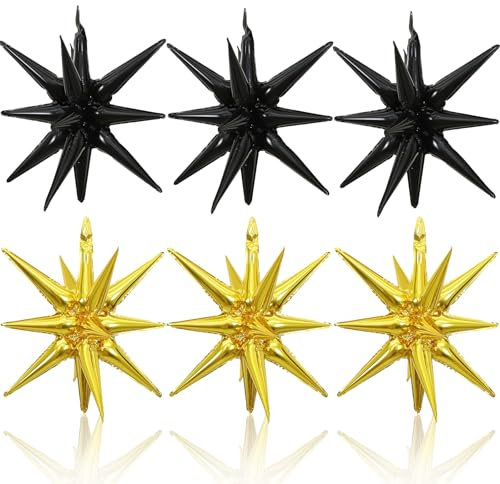 HILAVO 6 globos de estrella negra y dorada, globos grandes de 56 cm, globos de aluminio con forma de cono de pico para graduación, jubilación, cumpleaños, Año Nuevo, decoración de fiesta