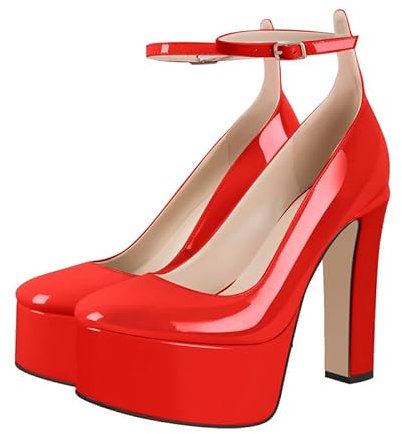 Women's Dressy Platform Chunky High Heels Patent Leather Ankle Strap Closed Toe Heeled Mary Jane Pumps Shoes Red Block Heels Ankle Buckle Wedding Cosplay Party Dress Shoes Size 13