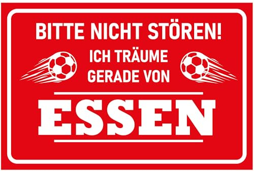Indigos UG - Schild Fussball - 20x15cm - Bitte nicht stören, Hier träumt ein Essen Fan - rot - weiß - Schilder für Fußballfans - Fanartikel - Merchandise - Hinweisschild - Warnschild