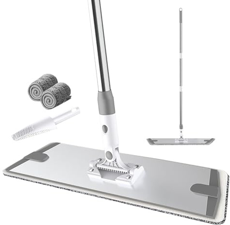 Mopa de Microfibra,Fregona Plana con 3 Mango de Acero Inoxidable,raspador,2 Almohadilla de Microfibra,para Madera Dura, baldosas, Limpieza de Pisos laminados (90cm)