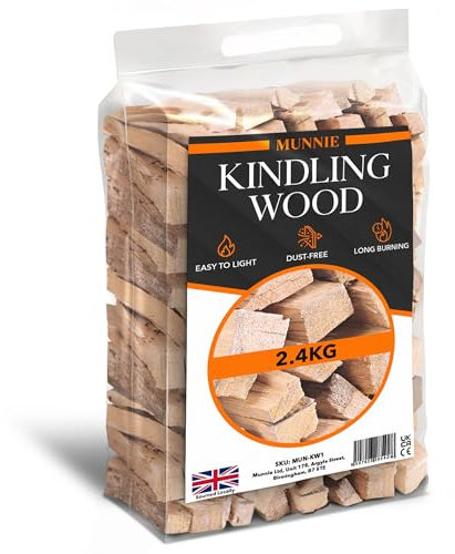 Munnie Kindling Wood 1 Pack x 2.4KG – Premium Kiln-Dried Firewood for Wood Burners, Fire Pits, BBQs & Pizza Ovens – Easy to Light, Smokeless, Long-Lasting Fire Logs – Low Moisture & Clean Burn
