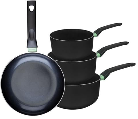 Fackelmann 9430250 Ensemble de 1 poêle de 24 cm et 3 casseroles 16, 18 et 20 cm, revêtement céramique antiadhésif, sans PFAS, tous feux, induction, four, Aluminium, Noir, Vert, 16, 18 et 20 cm