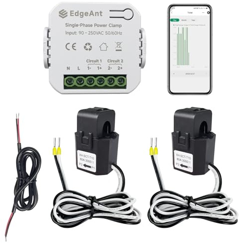 Intelligenter Energiemonitor, einphasiger Stromzähler mit Klemme und 2 * 120ACT-Stromwandler, WLAN, Echtzeit-Strommonitor/-zähler, Solar-/Netzwerkmessung