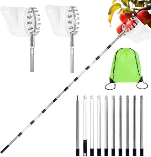 SHTALHST 4.2M Obstpflücker mit Teleskopstiel, Apfelpflücker, Kirschenpflücker für Kirschen, Pflaumenpflücker mit 2 Baumwollbeutel Diameter 16 cm, Obstpflücker für Ernteernte Apfel Zitrus Birnen