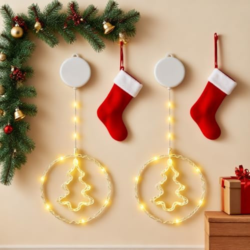 JYTGALX 2 Stück LED Weihnachtsbaum Lichterkette warmweiß Batteriebetrieben mit Timer & Saugnäpfen, Weihnachtsdeko für Fenster, Balkon, Party & Hochzeit
