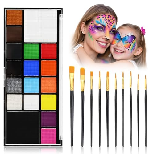 Face Body Paint Kit for Kids Adults-Washable 18 Colors Face Painting Kit with 10 Brushes, Non-Toxic, Skin Safe, Water-Activated Facepaint Palette for Halloween Makeup Cosplay Costume Party