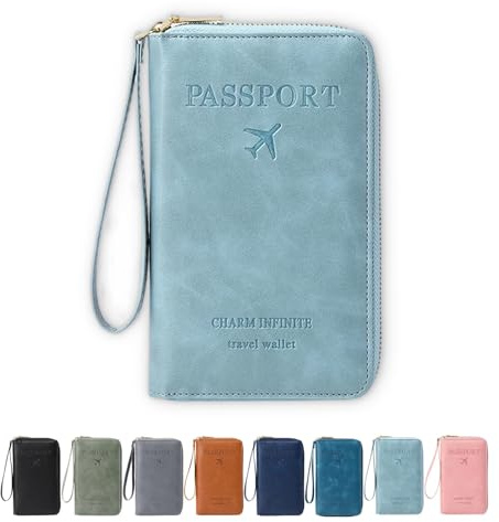 IHAZNTMZX Passport Holder PU Leather Wallet for Men & Women, RFID Travel Wallet, Passport Holder Card Slots Document Organizer Wrist Strap (8 Color)