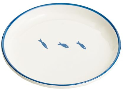 Set di 2 piatti piatti stencil in ceramica artigianale con motivo pesce blu, diametro 28 cm, design esclusivo Made in Italy a tavola