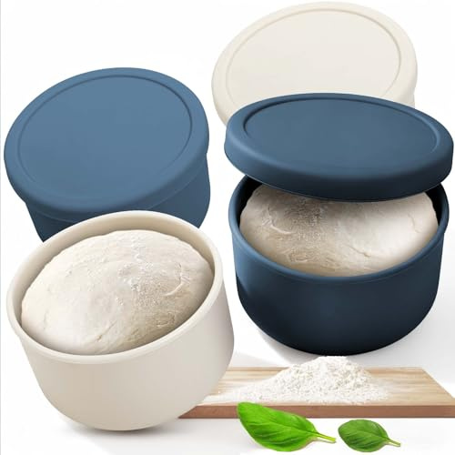 Cisivis Pizzaballenbox mit Deckel 4er Set - Ideal als Pizzabox, aus löse-leichtem Silikon - Pizzateig platzsparend gären Gärbox, Pizzateig Box, Pizza Zubehör, Pizza Box - Blau/Weiß