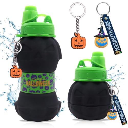 Halloween Pumpkin Water Bottle, Pumpkin Flask - 550ml, Halloween Pumpkin Tumbler Cup, Home Decorations, with Keychain,BPA-free, Gift for Kids, Friends (Black)