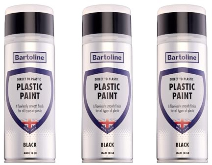 Bartoline Direct to Plastic Paint Black 400ml Gloss Finish 3 Pack, All-in-One Primer, Undercoat and Topcoat for Plastic Durable, Weather Resistant Spray Ideal for Furniture, Car Bumpers and DIY