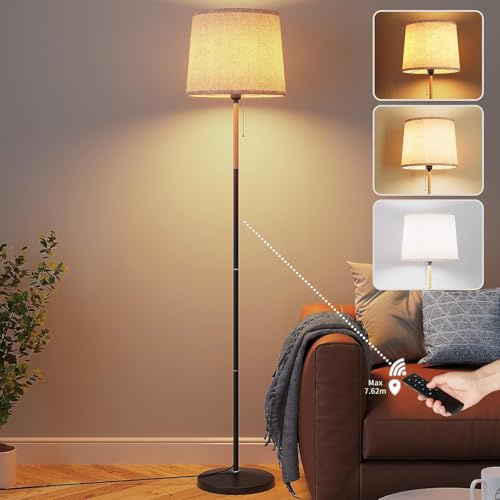 Clevich Dimmable Floor Lamp with Remote Control and Linen Shade, Flaxen | 60” Standing Lamp With 3 Colour Temperatures 3000K-6500K, 1-Hour Timer And Memory Function For Living Room Or Bedroom