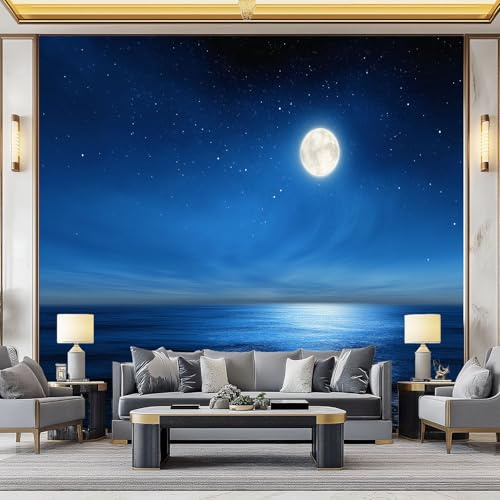 WHUOEUCO Vlies Fototapete Traum Seeblick Mond 250x175 cm Foto Tapete Art Wandtapete, Schlafzimmer Wohnzimmer Moderne Motivtapeten, 3D Effekt Bildtapete Wand Dekoration