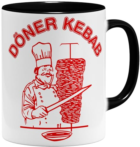 OM3® Döner Kebab Kaffee-Tasse Kult Logo Dönermann Drehspieß - Keramik Becher - 325ml - Beidseitig Bedruckt - Schwarz