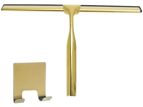 Edelstahl-Duschabzieher – Wischer mit Gold-Finish, Badezimmerreiniger mit 25,7 cm Klinge, streifenfreies Glasreinigungswerkzeug, Abzieher für Fliesenspiegeloberflächen, inklusive Klebehaken | für