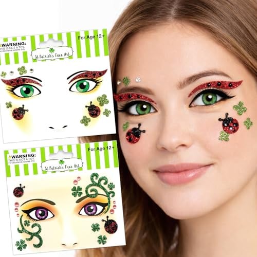 Marienkäfer Tattoo Gesicht, 2 Stück Face Art Sticker Gesichtstattoo Karneval, Glitzer Gesicht Aufkleber für Marienkäfer Kostüm Karneval Fasching