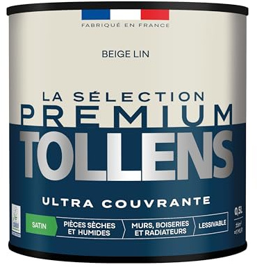 Tollens - Peinture Couleur - Murs, Boiseries & Radiateurs - La Sélection Premium - Pièces sèches et humides - Ultra couvrante - Ultra résistante - Ecolabel - Satin - BEIGE LIN - 0L5 = 6m²