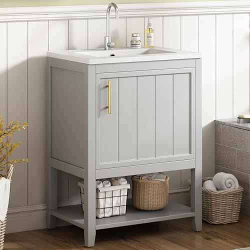 Meuble sous vasque 60 cm avec vasque céramique – Meuble lavabo salle de bain gris clair avec étagère – Rangement pour salle de bain moderne