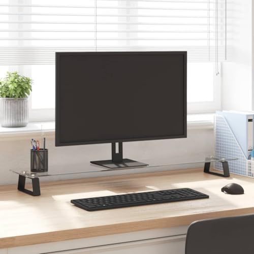 Support de moniteur noir en verre trempé et métal 100 x 20 x 8 cm, rehausseur ergonomique pour PC, ordinateur portable et ordinateur portable, étagère peu encombrante avec espace de rangement, support