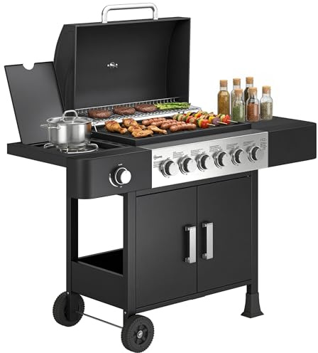 Outsunny Barbecue à gaz 6+1 brûleurs chariot portable avec roues, grille de maintien au chaud, thermomètre intégré, étagères latérales, placard et couvercle Noir