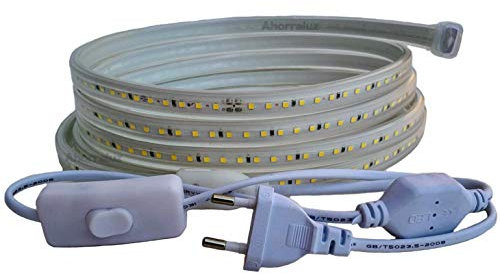 Ahorraluz Tira Led de 220v 2835 120 Led/m ALTA LUMINOSIDAD, con INTERRUPTOR. IMPERMEABLE Blanco Frío/Neutro/Cálido Waterproof IP67 strip (Blanco Cálido, 0,5M)