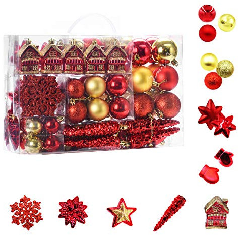 WEYON 113er Set Christbaumkugeln aus Kunststoff in Gold/Rot Christbaumschmuck & Christbaumschmuck in verschiedenen Größen und Designs