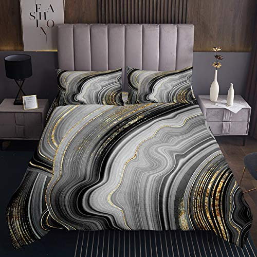 Marmor Druck Steppdecke Grau Golden Marmor Flüssigkeit Tagesdecke 220x240cm für Mädchen Abstrakte Kunst Bettüberwurf Einfache Moderne Mode Marmor Design 3St