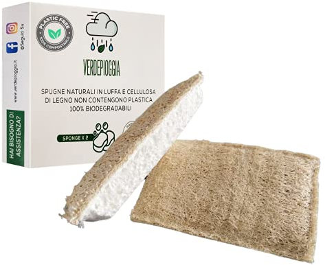 VERDEPIOGGIA - Esponjas de luffa organica, esponja ecologica, Esponja de cocina natural, esponja natural, cero waste, eco, esponja cómoda, 2 esponjas de lufa y celulosa completamente naturales