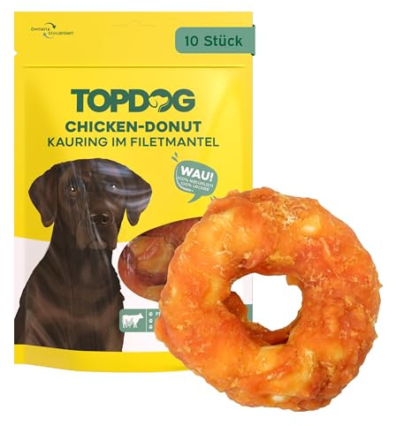 Topdog Chicken Donut für Hunde - 10 Stück - zuckerfrei - Kausnack | Ring aus Rinderhaut - mit Hühnerbrustfilet überzogen - ohne Getreide und chemische Zusatzstoffe - langanhaltender Kausnack