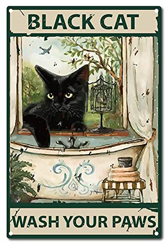 Letrero de Chapa de Metal con Cita Divertida para Baño de CREATCABIN, Letrero Vintage de Gato Negro para Lavarse las Patas, para Baño, Cocina, Cafetería, Decoración de Pared, 8 x 12 pulgada