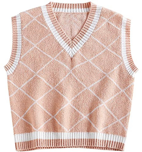 YODNBUK Damen Argyle Plaid Pullover Lange Ärmel Crop Pullover Ärmellos Weste Pullunder