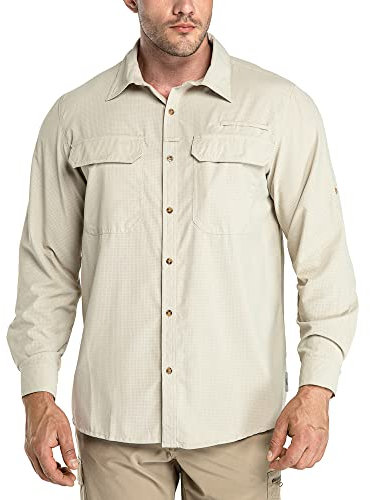 33,000ft Herren Sportshemd Langarmhemd Atmungsaktives Funktionshemd Schnelltrocknende Shirt Outdoorhemd für Männer Frühling Sommer Herbst UV-Schutz Wandern Angeln Shirts Khaki XL
