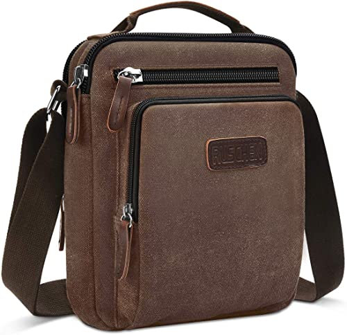 Ruschen Umhängetasche Schultertasche für Herren, Damen und Jungen, Kuriertasche aus Canvas, Herrentasche, Messenger Bag für Tägliches Leben Reise, Braun