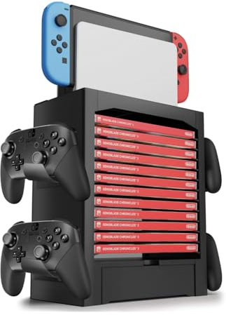 TNP Switch Organizer Station Game Storage Tower Stand for Nintendo Switch/Switch OLED with Dock Holder, 10 Game Case Vertical Shelf, 4 Controller Rack, Joy-con Drawer, Black
