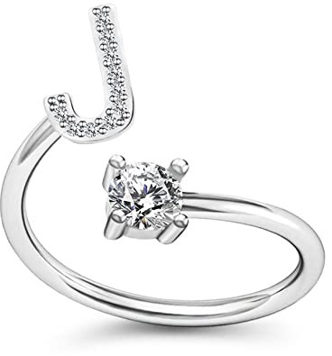 Yifnny Alphabet Ring, Anfangsring 26 Alphabet Intarsien Zirkonia Großbuchstabe A-Z Offener Verstellbarer Mittelfinger Ring Silber Initial Buchstabe Ringe für Damen (J)