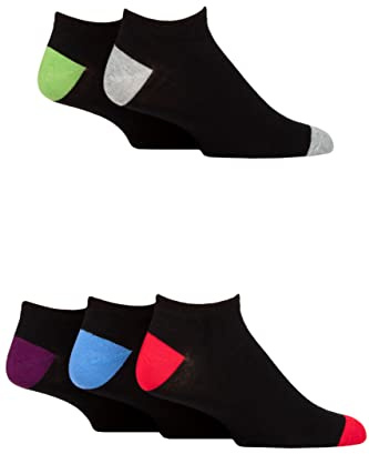 SockShop Wildfeet Mens Bamboo Trainer Socks Pack of 5 (7-11, Black Purple/Blue/Red/Green/Grey Heel & Toe)