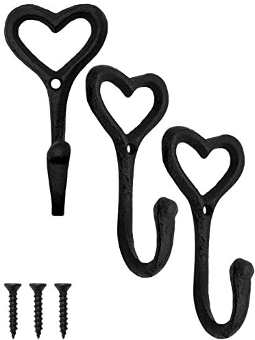 FUXXER Rustikale Eisen-Haken, Gusseisen Herz-Design, Garderoben-Haken, 3er Set, schwarz